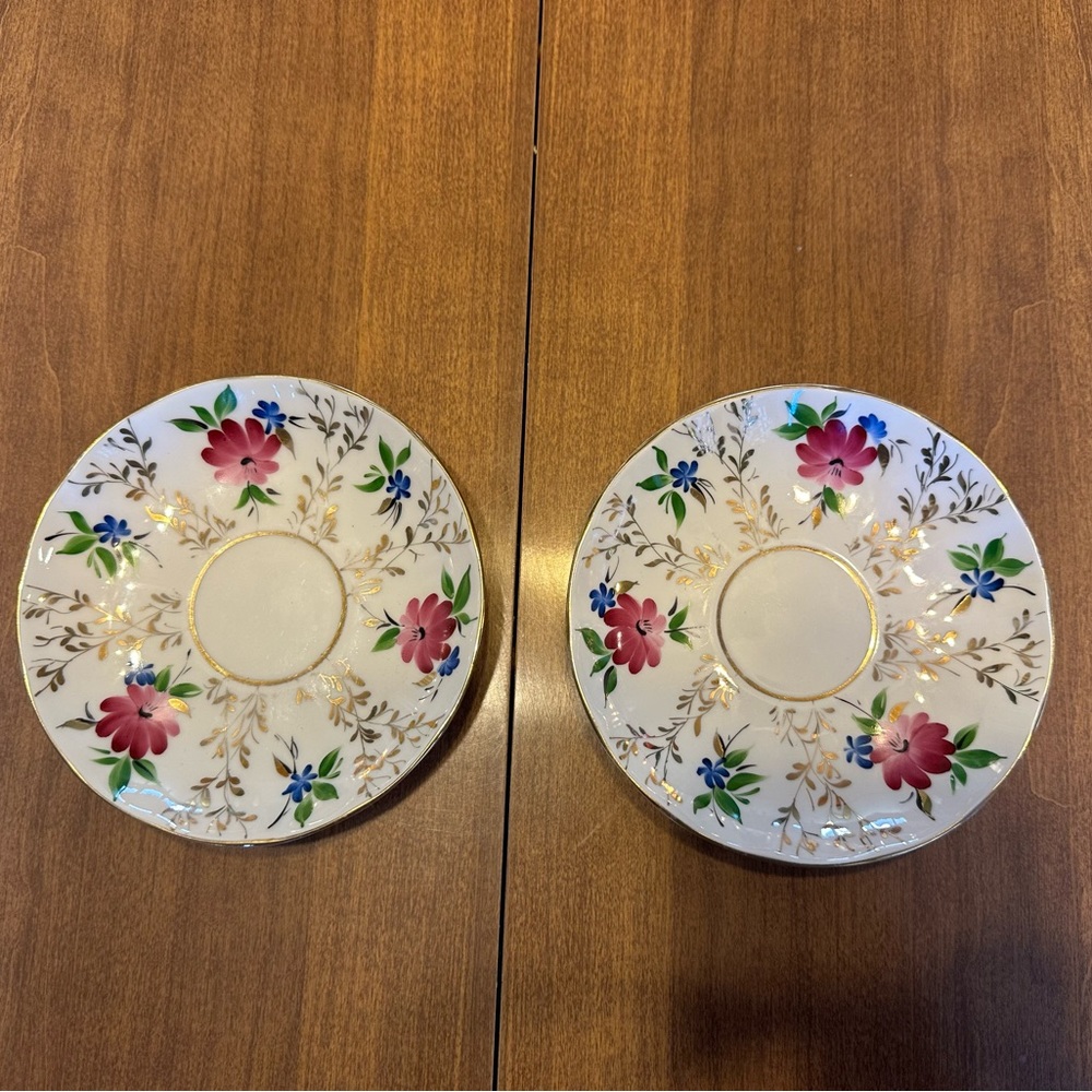 TWO Vintage Lomonosov Tea Cup Saucer Purple Flower Gold Trim Hand Painted Russia
